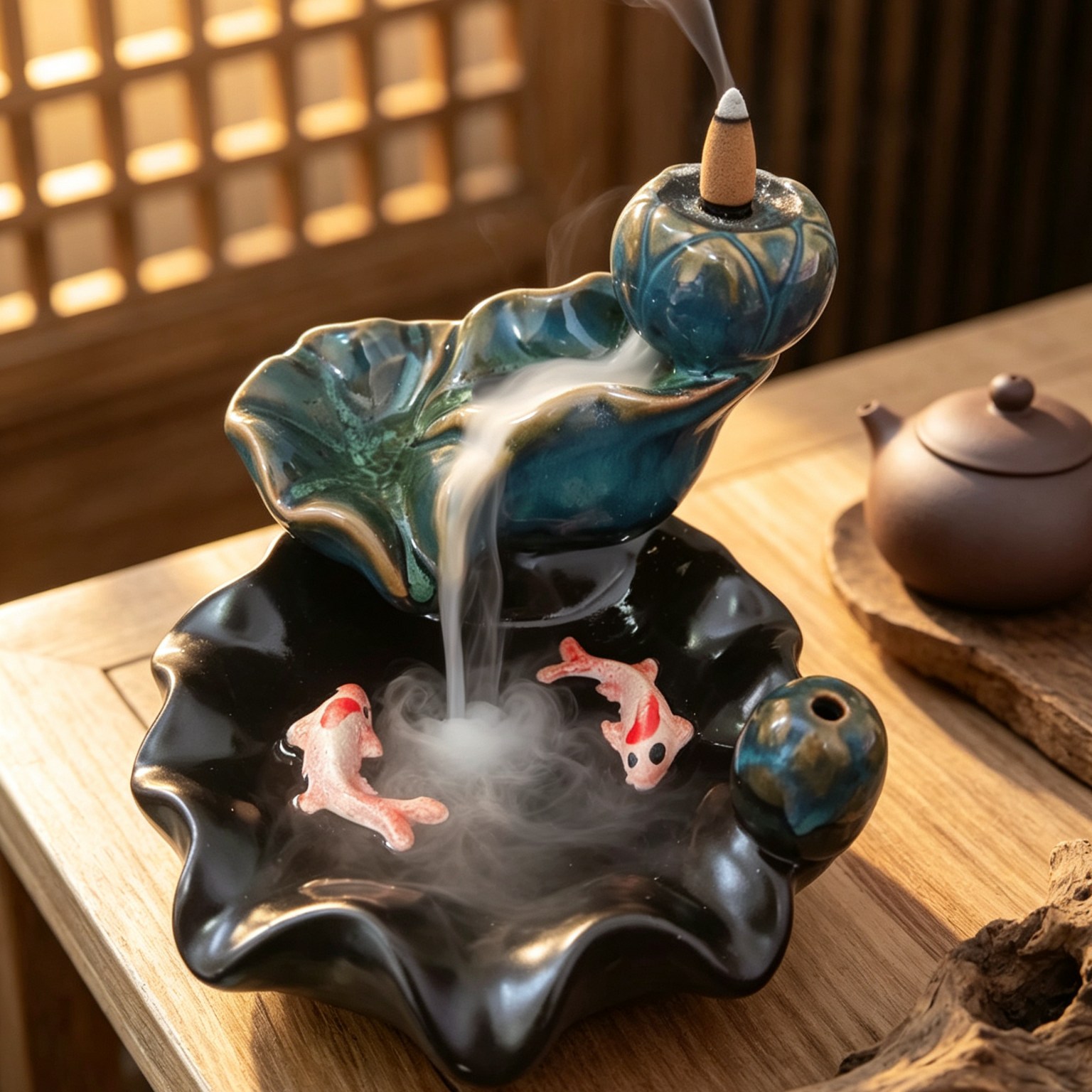 新中式陶瓷窑变倒流香炉双鱼摆件