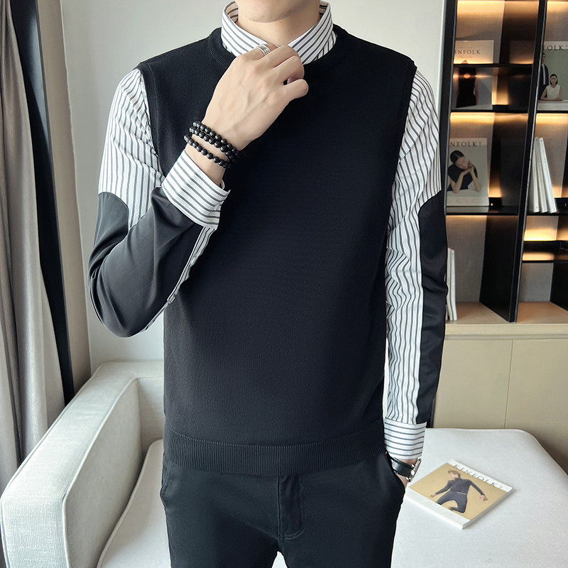 秋季假两件衬衫拼接针织毛衣男商务修身M1803-P95（加绒P115）,男装针织衫/毛衣,星座301D-6