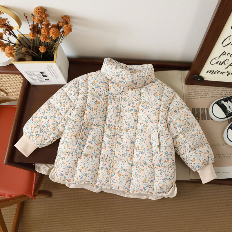 大牌折扣韩系小香风加厚立领女童保暖碎花羽绒棉服外套校服内搭神