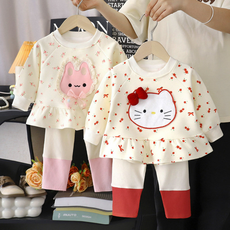 大牌折扣女童秋季套装新款韩范卡通Kt猫猫碎花裙摆卫衣拼色打底裤