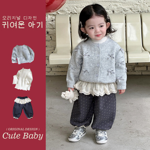 大牌折扣婴幼儿初冬深秋针织衫套装小女孩洋气毛衣开衫加绒波点长