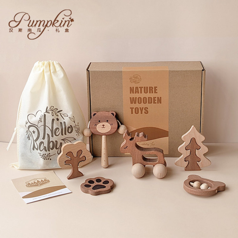 大牌折扣新生婴儿天然实木套装盒装榉木摇铃小车玩具可啃咬牙胶百