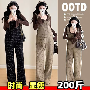 大码孕妇加厚遮肚背带裤秋冬装网红时尚吊带裤碎花显瘦长裤200斤