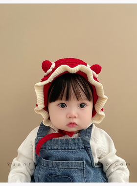 宝宝帽子婴幼儿冬季保暖护耳帽3-24个月新生儿新年圣诞红色周岁帽