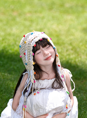 儿童帽子彩色豆豆针织帽女童秋季保暖护耳帽女宝宝彩色流苏毛线帽