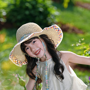 儿童帽子大帽檐草帽女宝宝夏季海边沙滩度假民族风草编遮阳防晒帽