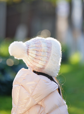 快乐校园儿童帽子秋冬季女童针织帽宝宝保暖护耳帽户外可爱毛绒帽