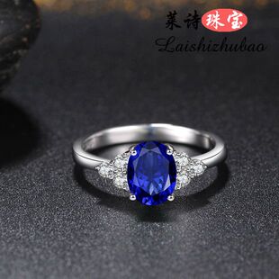 蓝宝石戒指女时尚 彩宝指环925纯银镀18k金情侣戒指贵重宝石银饰