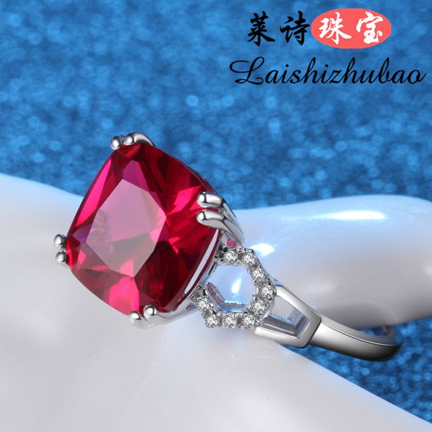 红宝石戒指女欧美时尚石榴石指环彩色宝石纯银镀18k金彩宝银饰品