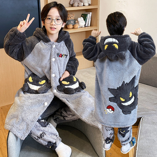 宝可梦耿鬼儿童保暖款睡衣男童装冬季法兰绒冬天珊瑚绒长睡袍男孩