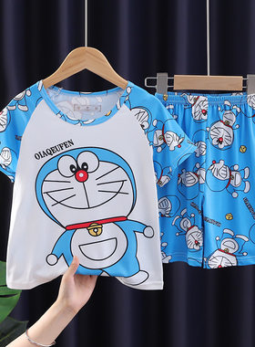 叮当猫图案儿童睡衣夏季女孩男孩家居服套装短袖短裤小朋友薄夏款