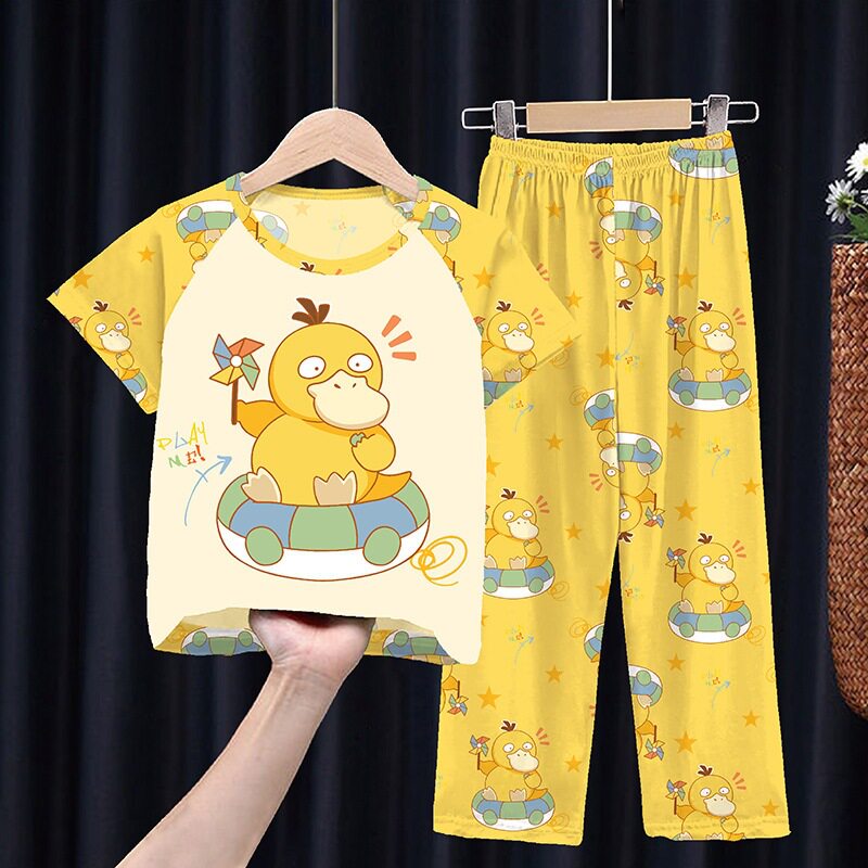 宝可梦可达鸭女童睡衣春夏季小孩子儿童短袖长裤男孩中大童家居服