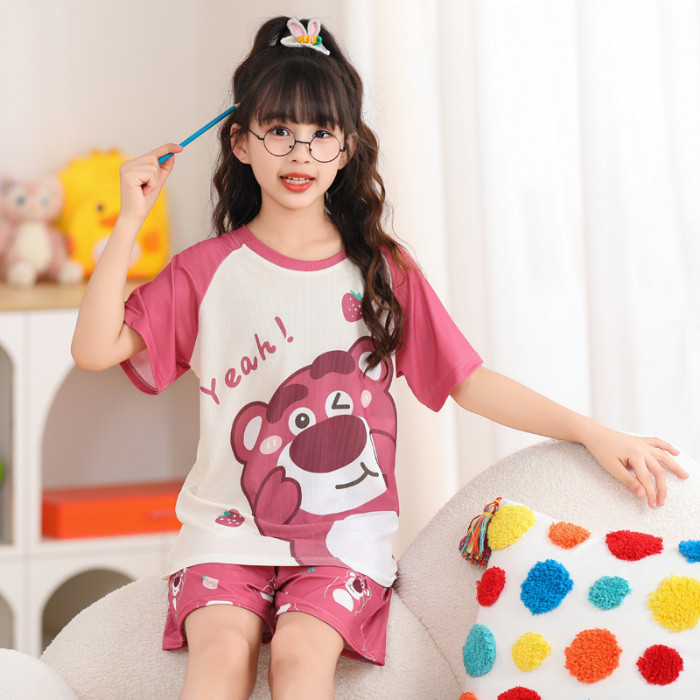 可爱草莓熊儿童女童大童小孩子加肥加胖卡通小女孩小朋友冰丝睡衣