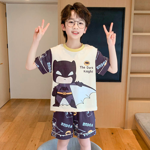 夏季儿童蝙蝠侠漫威睡衣睡裤短袖短裤男童中大童纯棉两件套小孩子