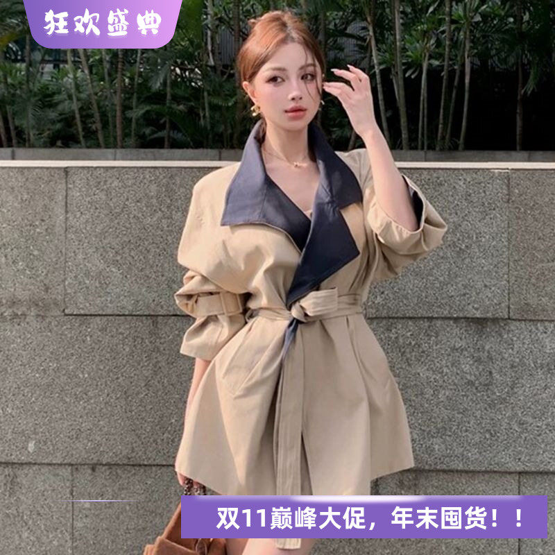 咖色大衣气质撞色中长款风衣外套女新款韩版系带收腰显瘦时尚大衣