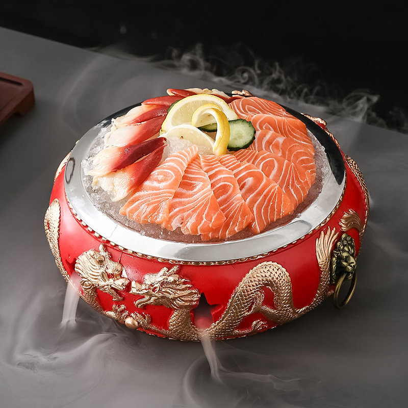 双用高档不锈钢红鼓铁艺干冰酒精加热通用海鲜小龙虾刺身意境餐具