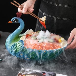孔雀三文鱼刺身盘鱼生干冰盘创意火锅店海鲜意境菜日料餐具专用盘