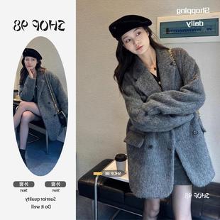 高级感灰色西装 加绒加厚小众仿羊毛羊绒呢子大衣 毛呢外套女秋冬季