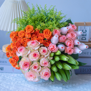 【云南鲜花】粉玫瑰+艾莎玫瑰+多头玫瑰+香水百合+配草
