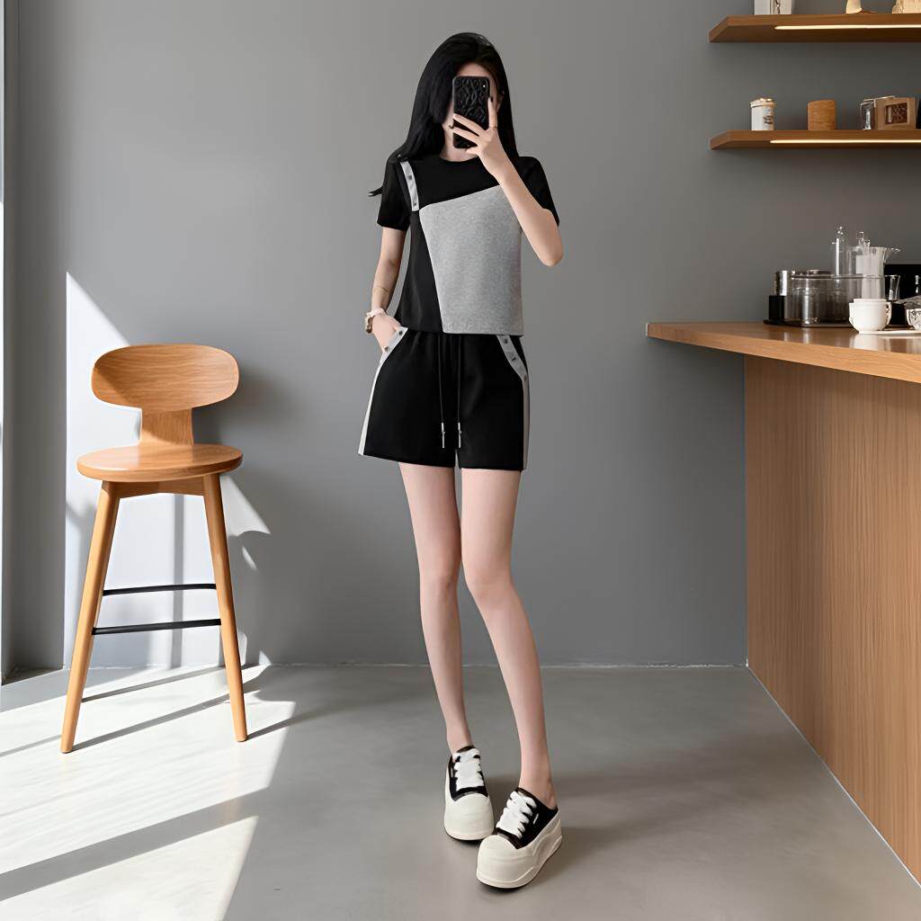 夏季跑步短款运动服女士时尚减龄冰丝短袖短裤套装休闲短装两件套