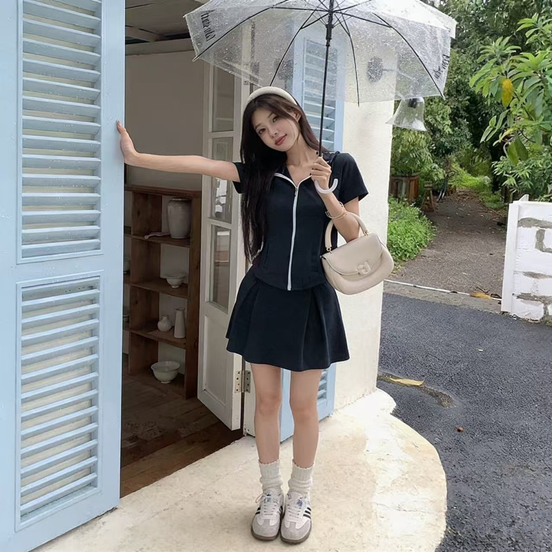 夏季时尚连帽短袖t恤短裙套装女士短款运动服冰丝休闲短装两件套