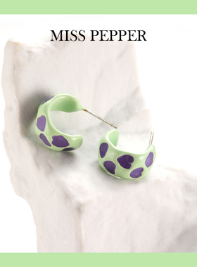 手工滴油冷珐琅小清新绿色C形多巴胺甜美爱心造型耳饰桃心耳环女