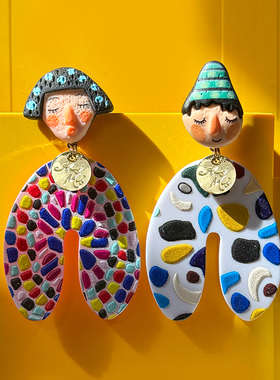 多巴胺度假风不对称娃娃耳钉彩色波点耳环不对称耳夹夸张长款耳环