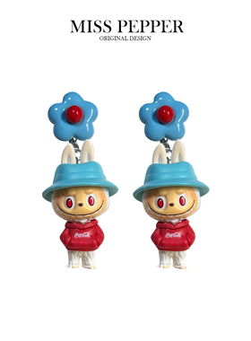 拉布布耳钉labubu卡通花朵耳环女蓝色萌趣小花朵耳饰萌粒可爱耳夹