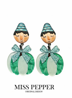 26年新款原创可爱绿色南瓜蝴蝶结豹纹夸张少女拍照出片耳环耳饰女