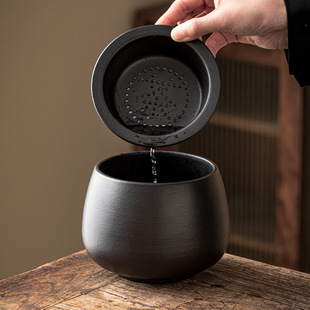 黑陶茶渣缸陶瓷茶洗建水过滤带盖废水缸孟大号桌面垃圾桶茶水分离
