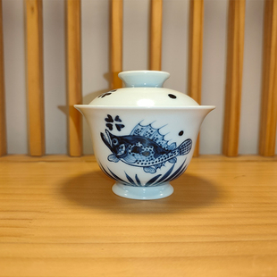 景德镇仿元青花釉里红手绘鱼藻压手杯盖碗手工岩茶主人杯陶瓷茶杯