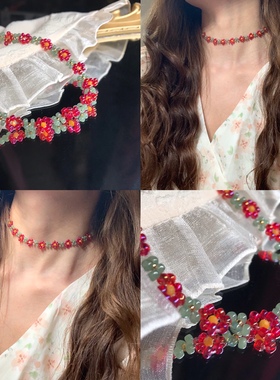 北北 原创串珠项链红色花朵锁骨链好高级复古夏天气质