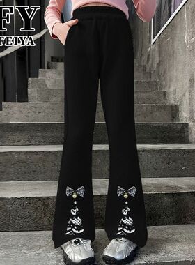 女童喇叭裤春秋季款洋气弹力中腰显瘦国风黑色小女孩新中式长裤潮