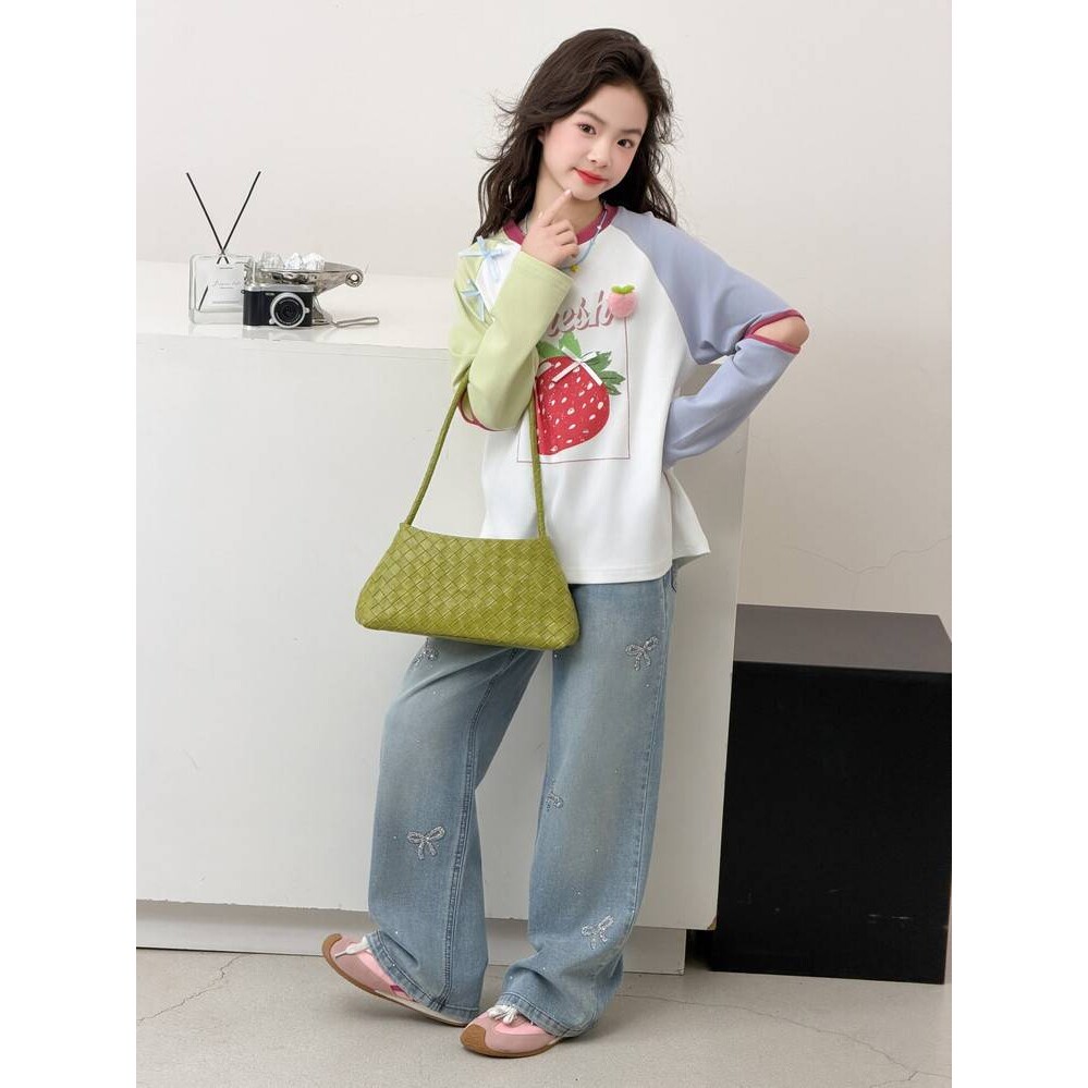 品牌专柜女童拼色长袖T恤春装2026新款女孩大童洋气打底衫上衣牛