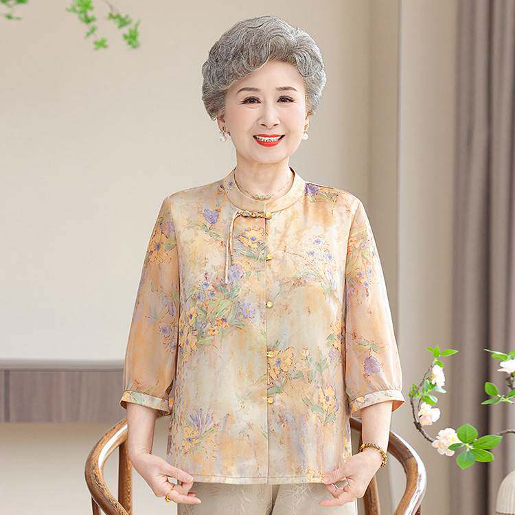 品牌专柜新中式风妈妈装春夏装盘扣衬衫中老年人女装奶奶装上衣老