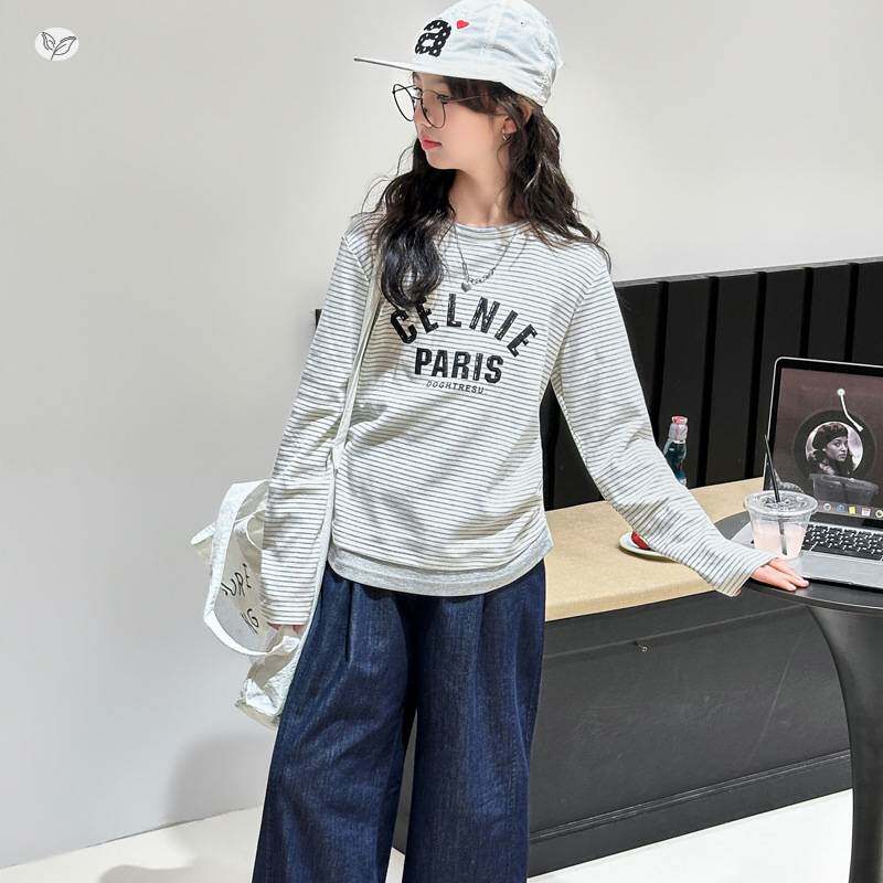 品牌专柜女童条纹T恤套装2026年春季新款休闲长袖上衣阔腿裤两件