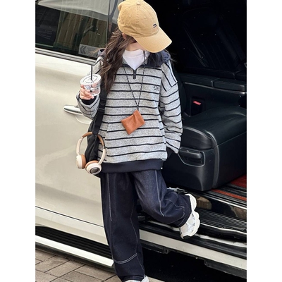 品牌专柜女童条纹卫衣套装秋装2025新款儿童韩系穿搭女大童连帽上