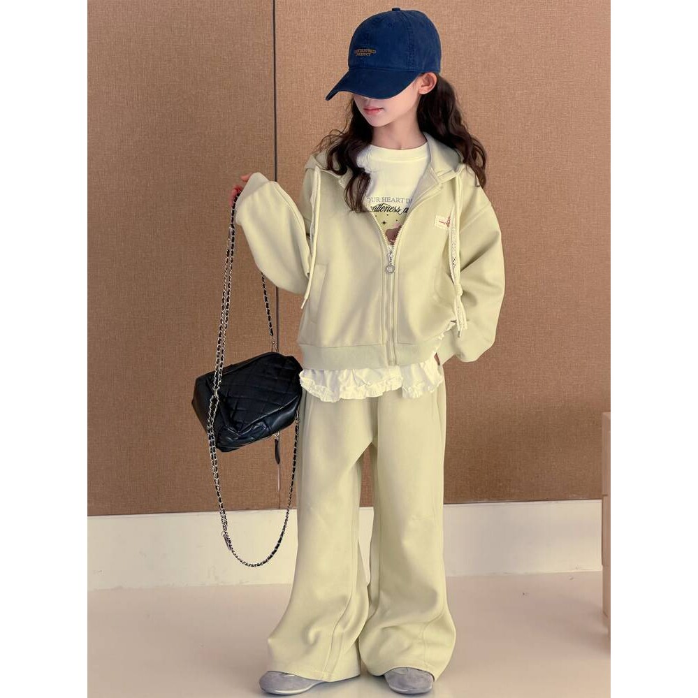 品牌专柜女童休闲套装2026春秋新款女孩宽松洋气春装阔腿裤帽衫卫