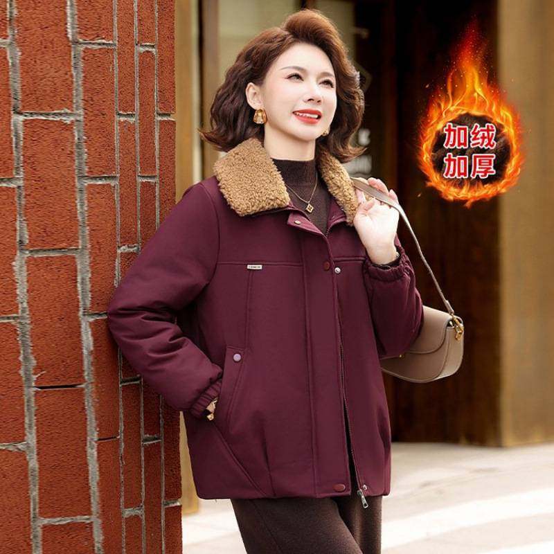 品牌专柜中年加绒加厚显瘦短款棉衣女妈妈冬季新款复古宽松保暖夹