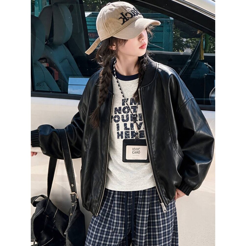 品牌专柜女童秋装外套2026新款初中生女生洋气可拆卸连帽皮衣女孩