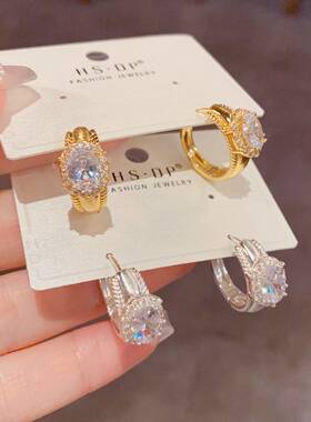 品牌专柜法式时尚金属拉丝锆石几何耳扣女个性独特简约设计感超闪