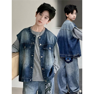 品牌专柜春季新款棉牛仔马甲外套2026男童中大童宽松显瘦韩版休闲