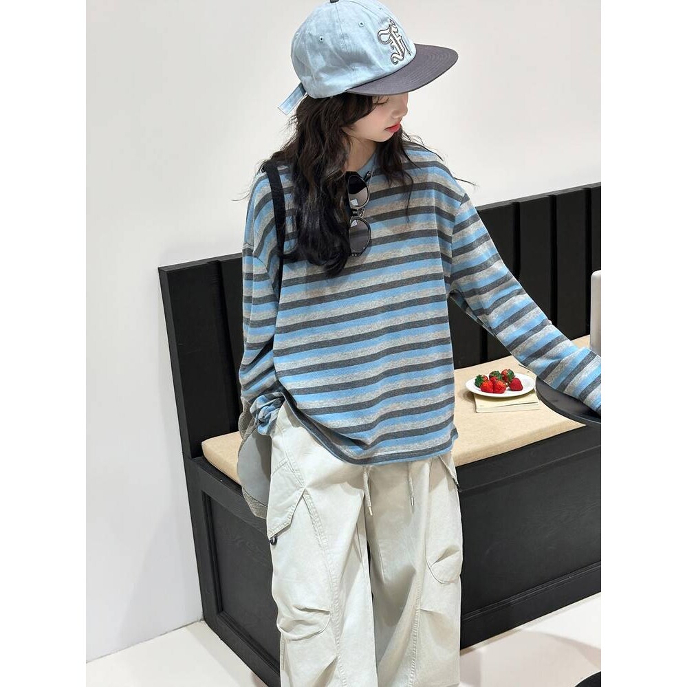 品牌专柜女大童长袖t恤春秋2026新款春装儿童女孩洋气时髦条纹打