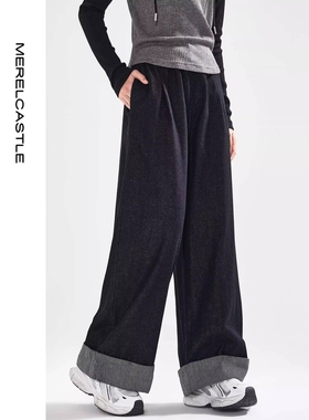 品牌专柜女童黑色牛仔裤春秋款2025新款儿童阔腿裤女孩中大童春季