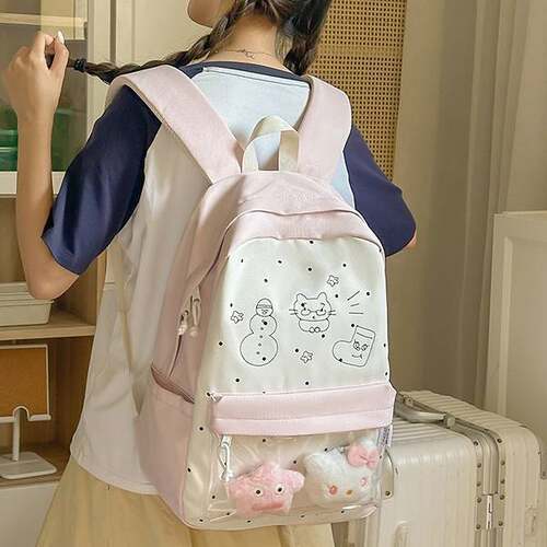 品牌专柜奶fufu猫咪卡通印花校园书包学生党软妹二次元DIY透明窗