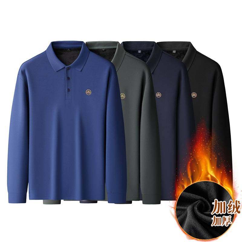 品牌专柜2025年冬季新款男士加肥加大码商务休闲翻领加绒长袖T恤