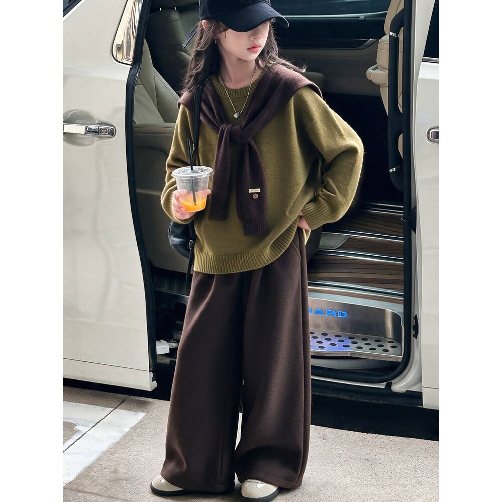 品牌专柜女大童冬款毛衣套装2026新款儿童韩系童装女孩加绒阔腿裤