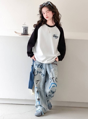 品牌专柜女童春季洋气时髦超好看长袖T恤牛仔裤套装中大童儿童春