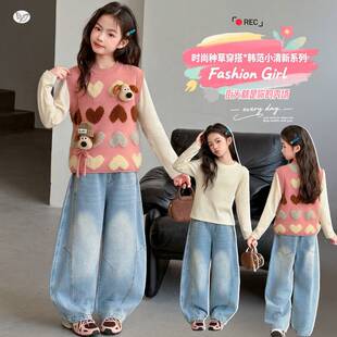 品牌专柜女童毛衣马甲套装2026年春季新款中大童卡通针织背心弯刀