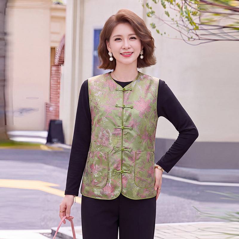 品牌专柜中年女士新款国风盘扣马甲时尚百搭圆领坎肩妈妈春秋复古